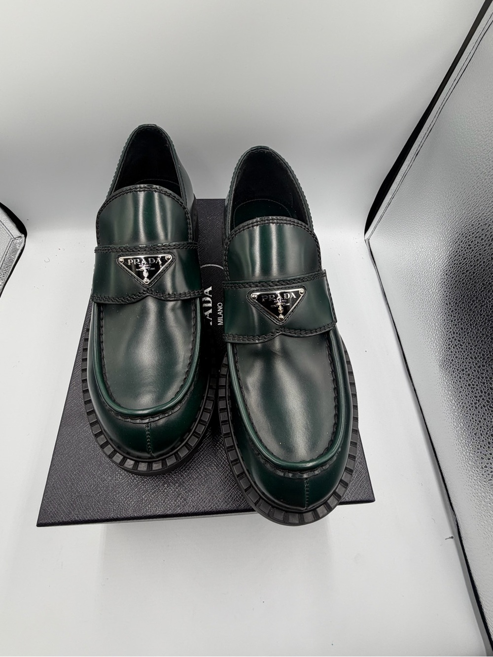 New PRADA Triangle Logo Loafer In Bosco $1,200 42